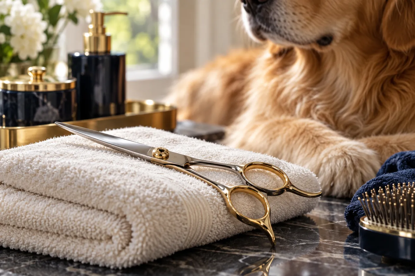Pet grooming shears on a folded towel beside a golden retriever