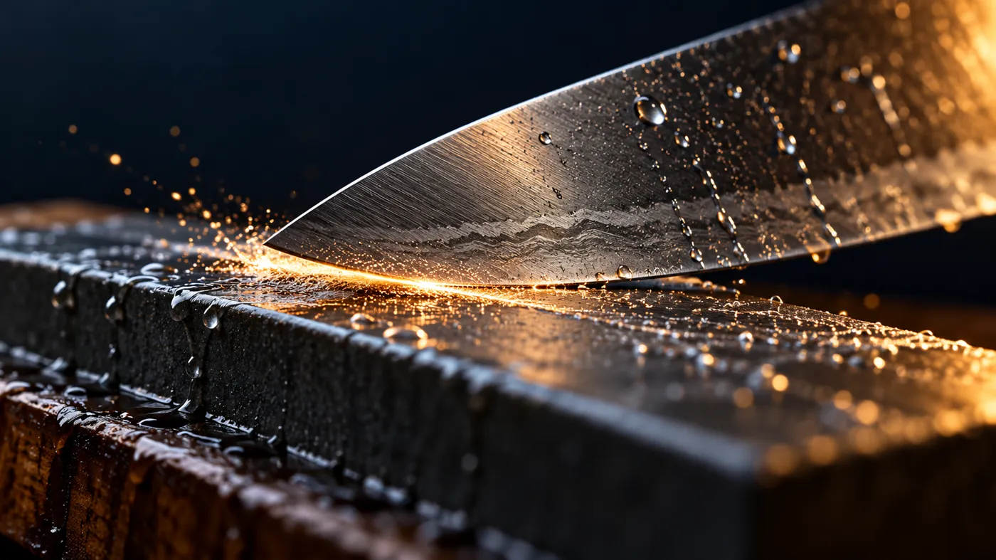 Knife edge drawn across a wet whetstone, sparks of light along the edge