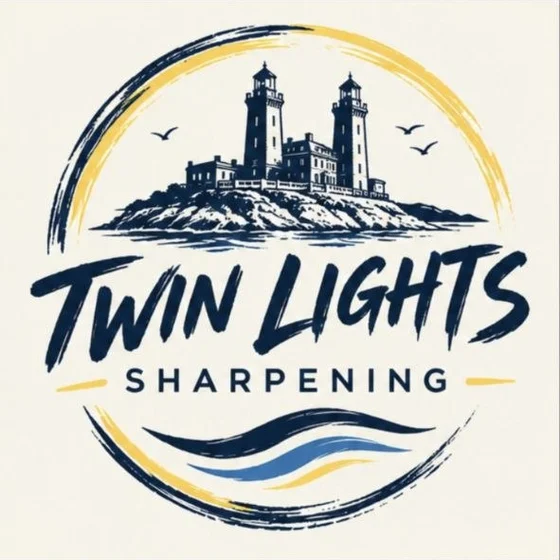 Twin Lights Sharpening logo: the twin lighthouses on their headland