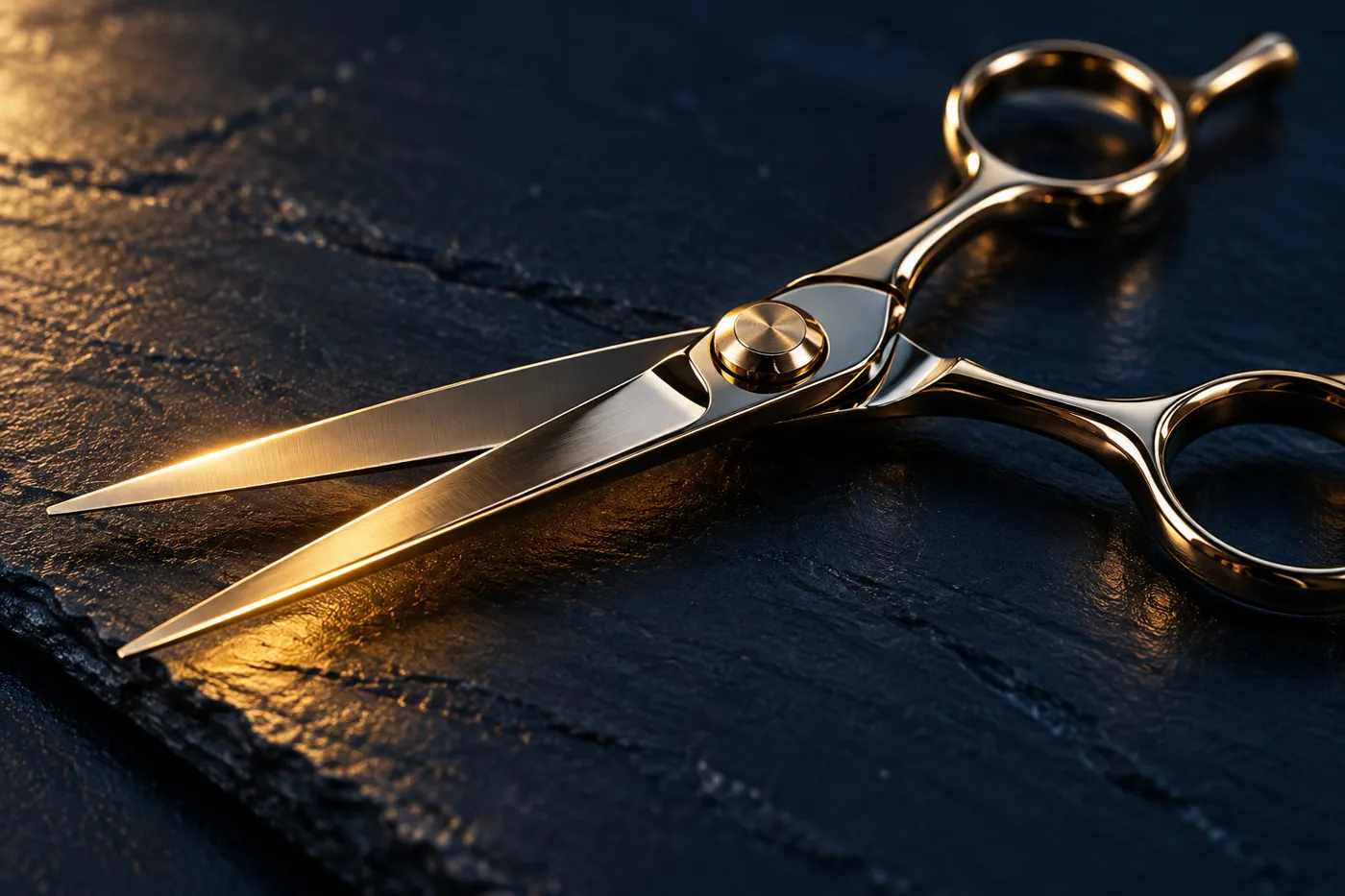 Polished salon shears on dark slate